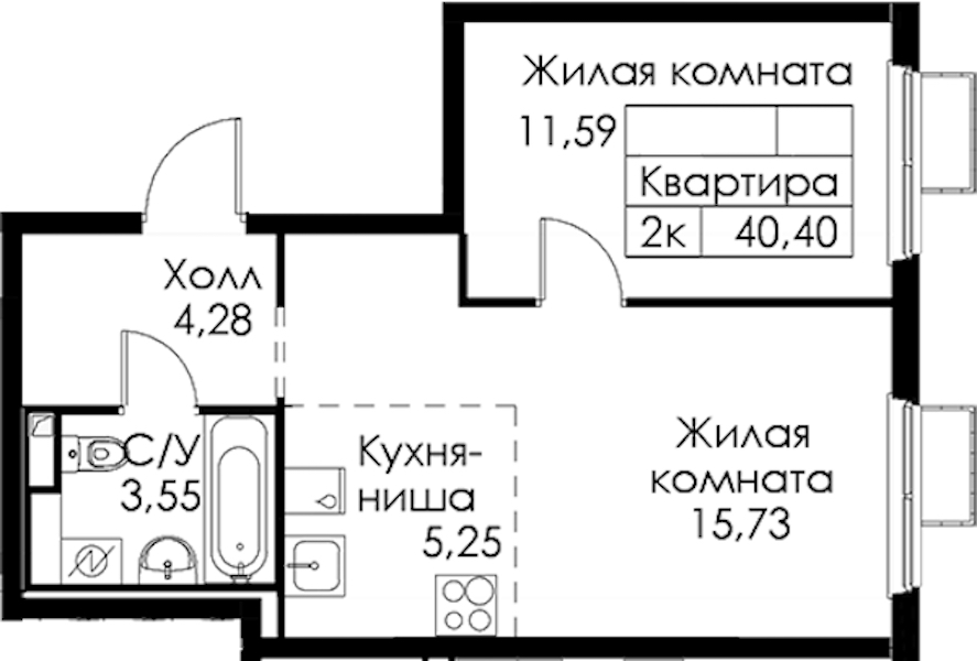 1-комнатная квартира 40.4 м², 3/15 эт., ЖК «Янинский лес»